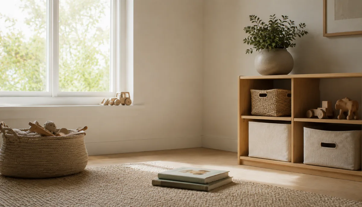 Tidy children's play corner with a few wooden toys in a soft basket
