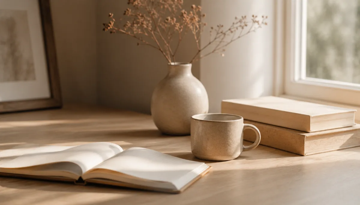 Calm minimalist interior with natural light and a few simple objects