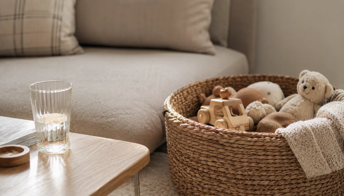 Family living room with a basket of toys neatly tucked away