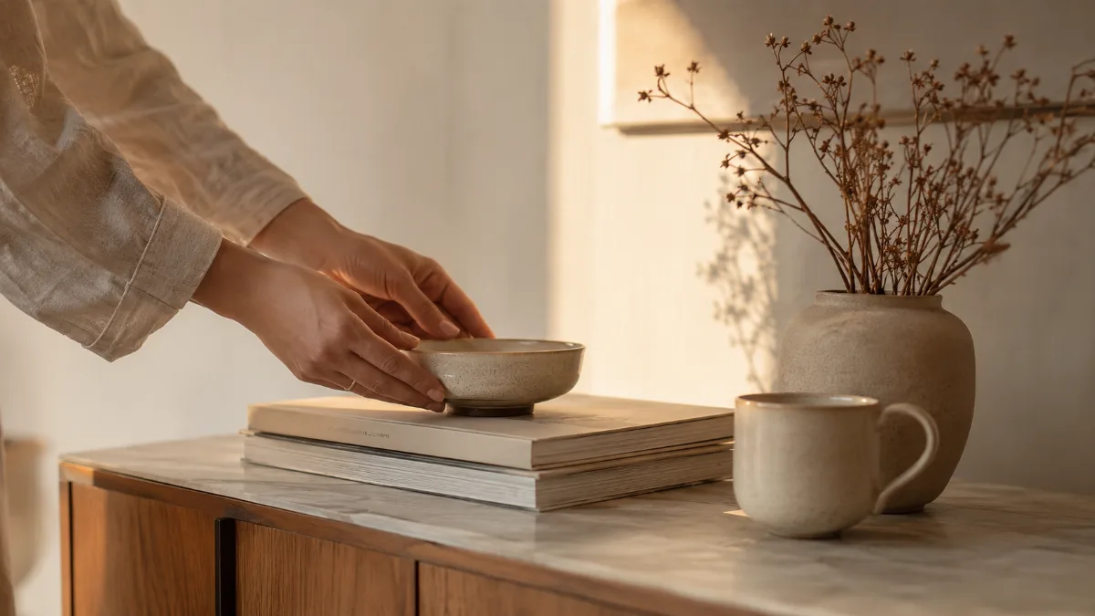 Serene styled vignette with neutral tones and soft daylight