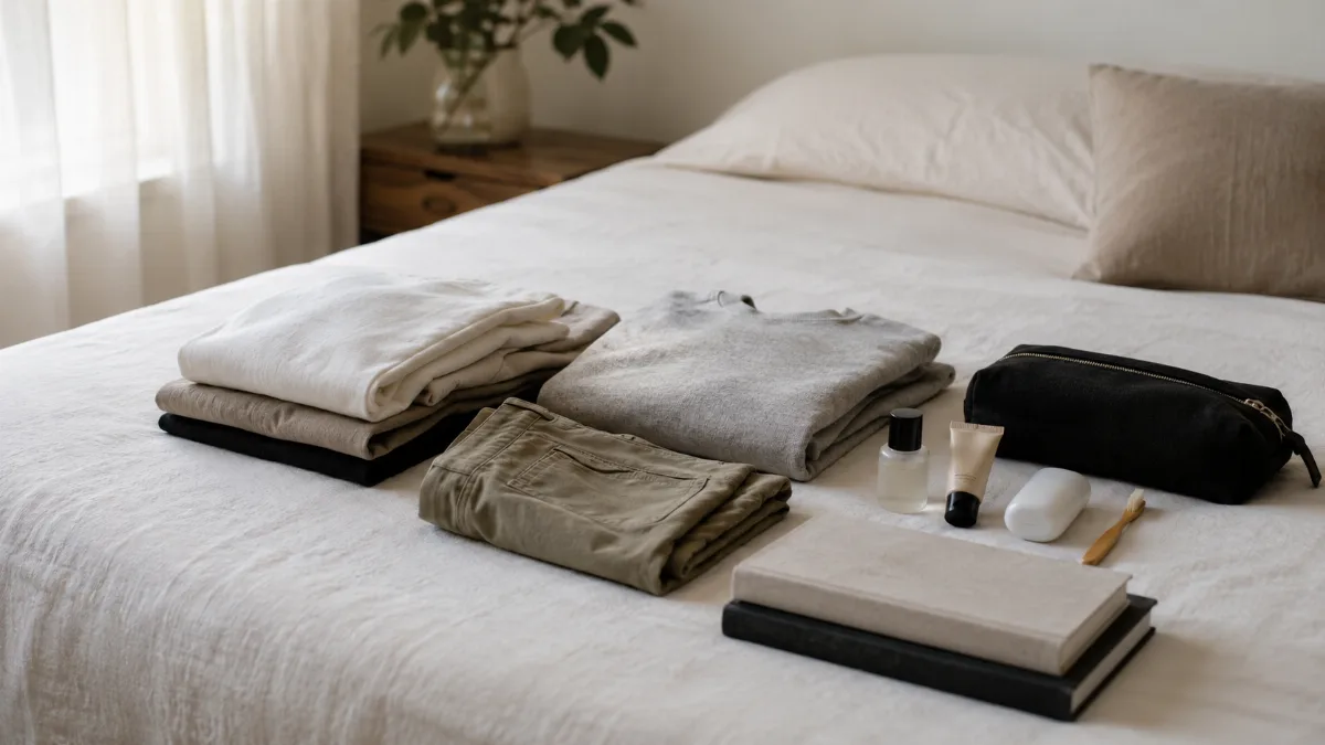Minimalist packing layout of clothes and toiletries on a bed