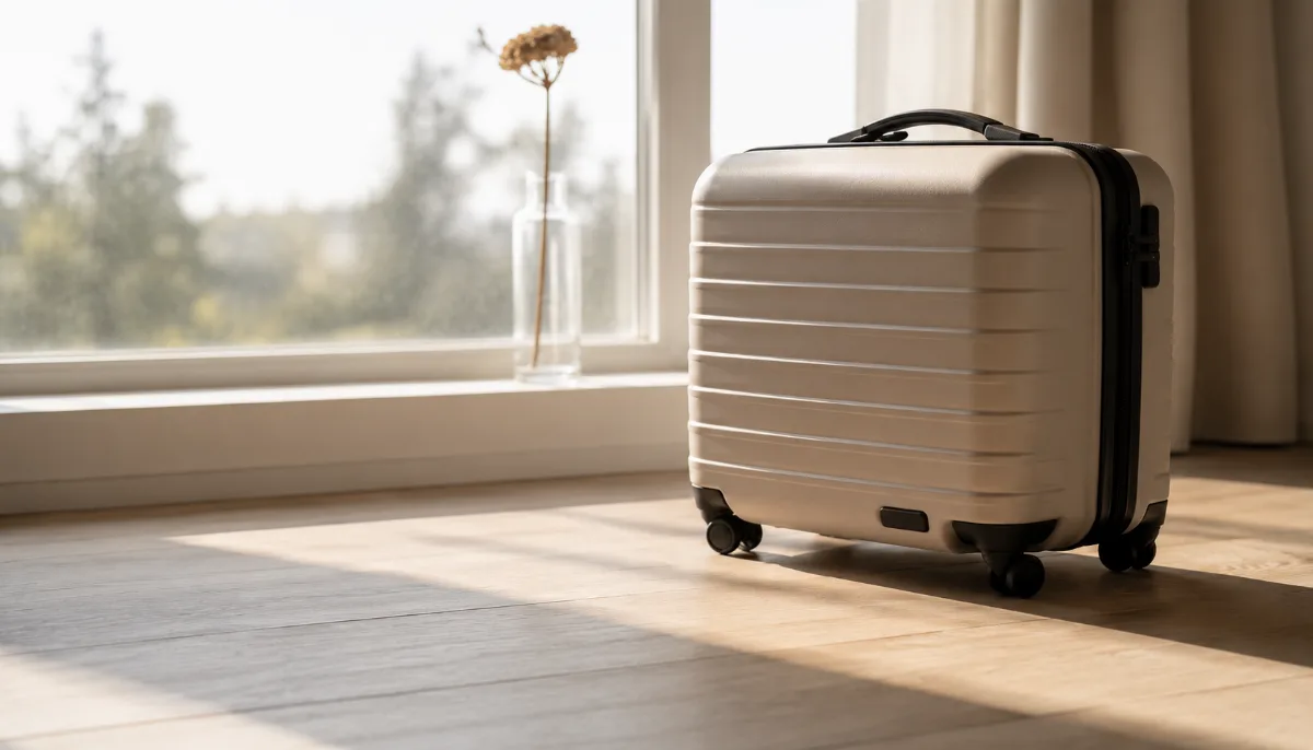 Single carry-on case beside a sunlit window before a trip