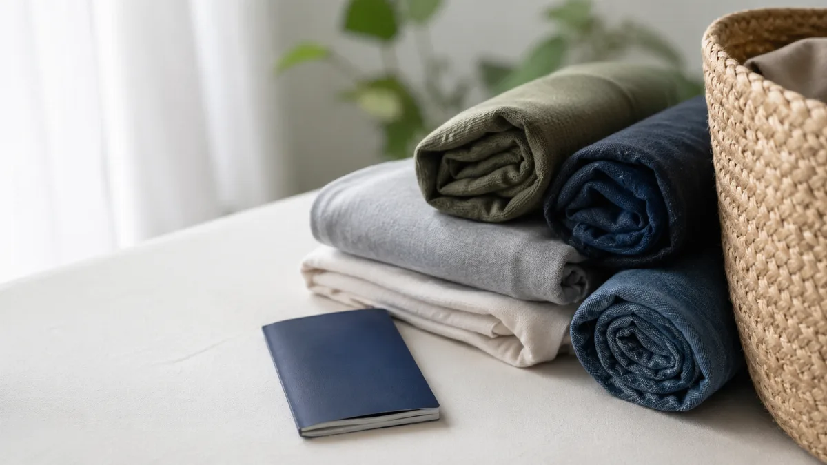 Rolled clothes and a passport arranged on a clean surface