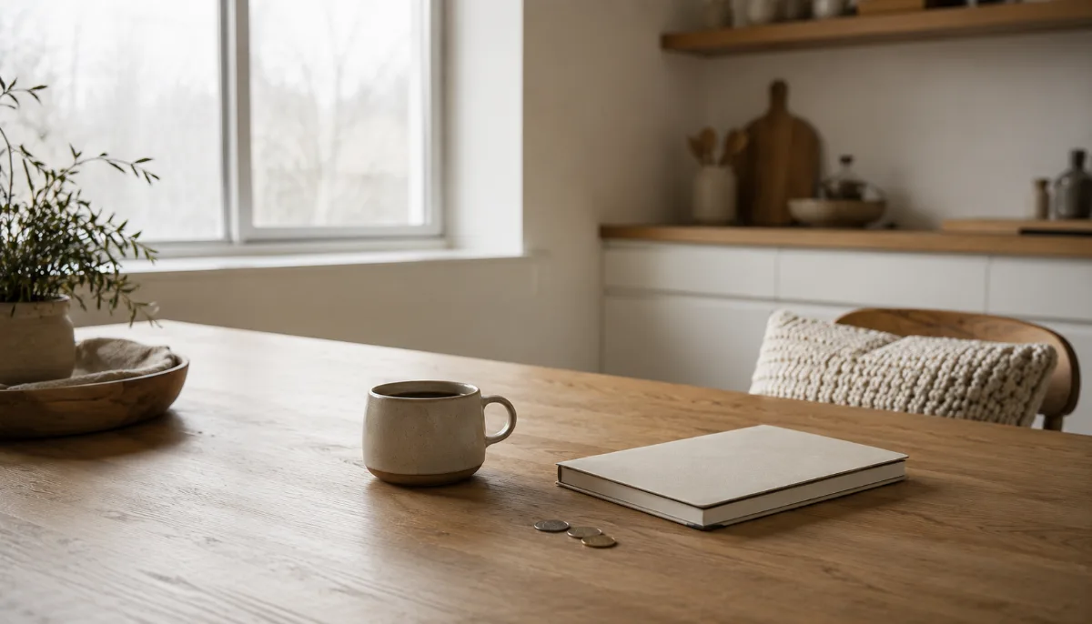 Kitchen table with a plain notebook, a few coins and a cup of coffee
