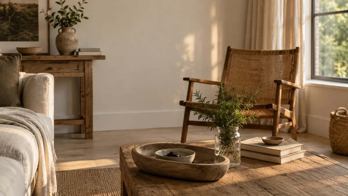 Serene styled vignette with neutral tones and soft daylight
