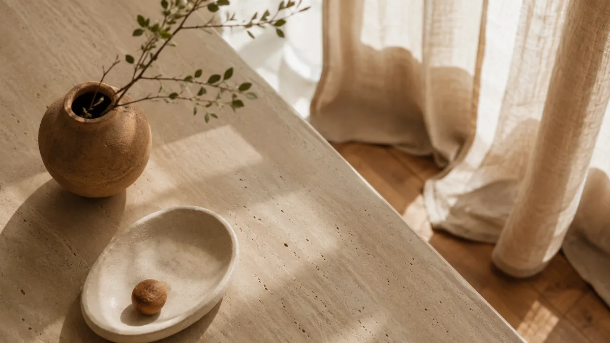 Calm minimalist interior with natural light and a few simple objects