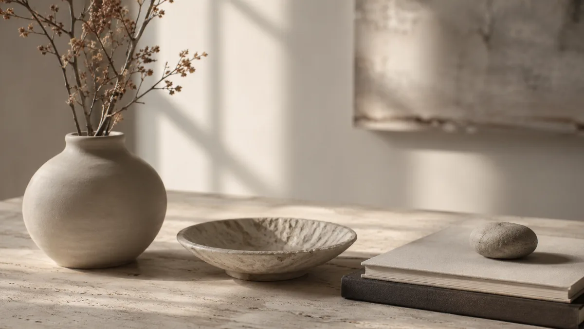 Serene styled vignette with neutral tones and soft daylight