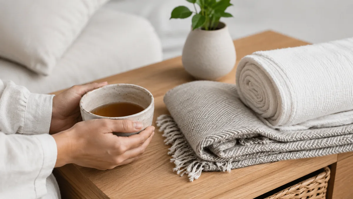 Calm evening corner with tea and a folded blanket