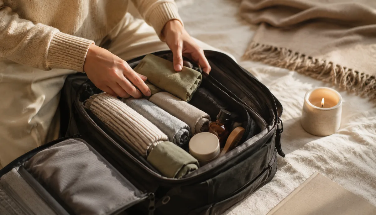 Open carry-on backpack with neatly rolled clothes and travel essentials