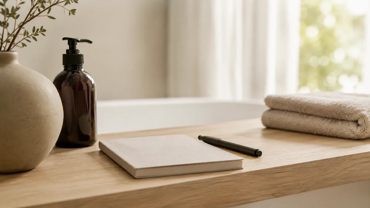 Minimalist bathroom shelf with a few essential items and a folded towel
