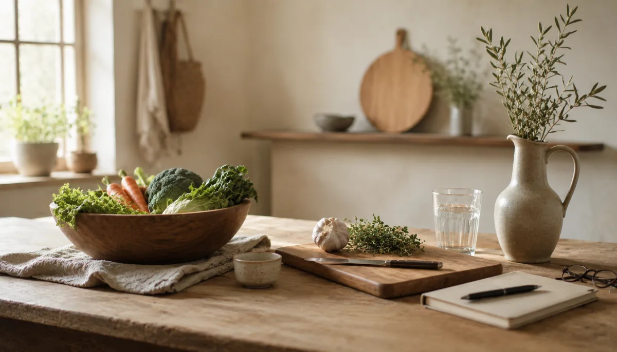 Wooden bowl of vegetables beside a chopping board