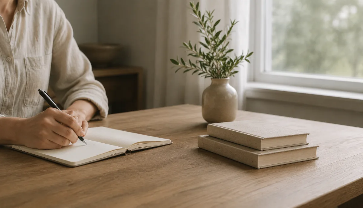 Uncluttered workspace with a single notebook and pen