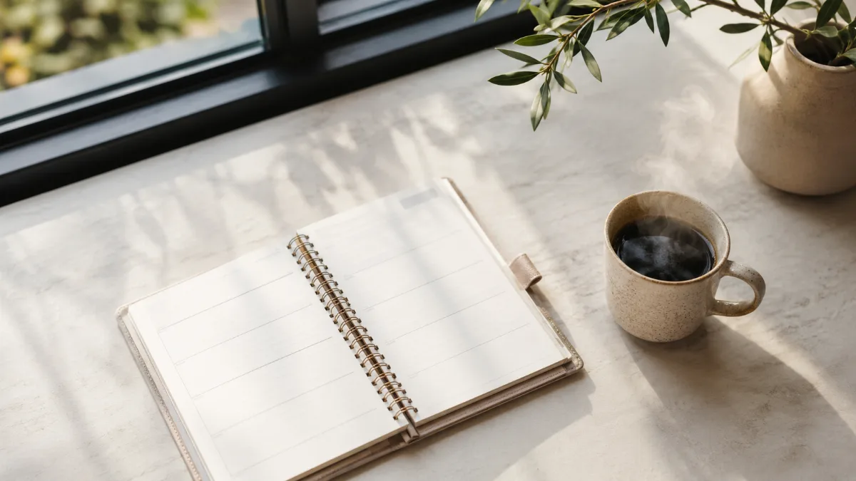 Clean desk by a window with a planner and a cup of coffee