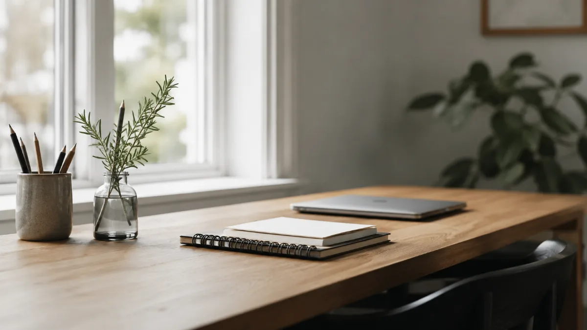 Uncluttered writing desk bathed in soft daylight