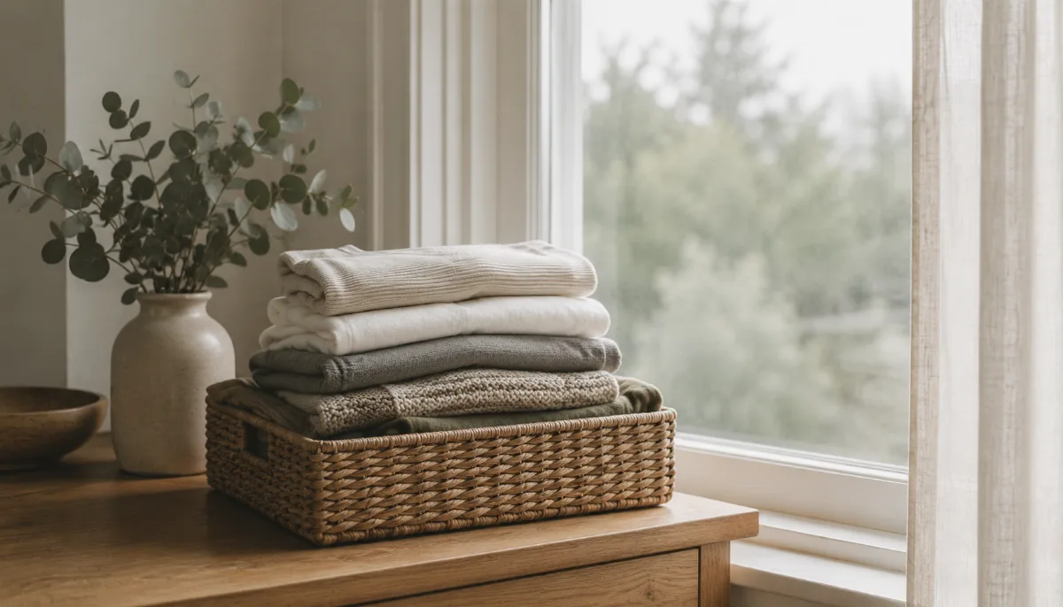 Folded laundry stacked in a woven basket by a window