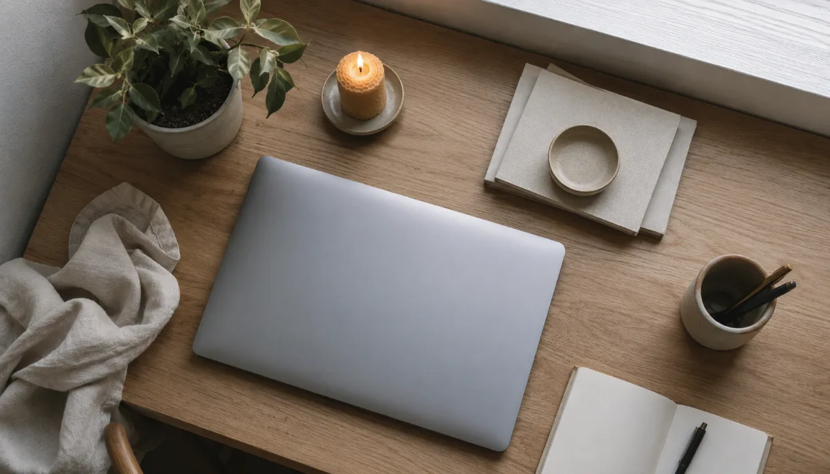 Tidy home-office corner with a laptop closed and a small plant