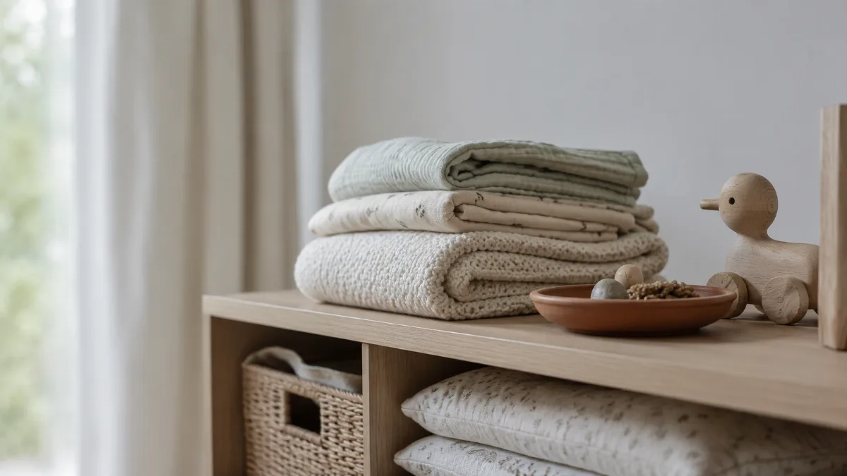Simple nursery shelf with folded blankets and a small toy