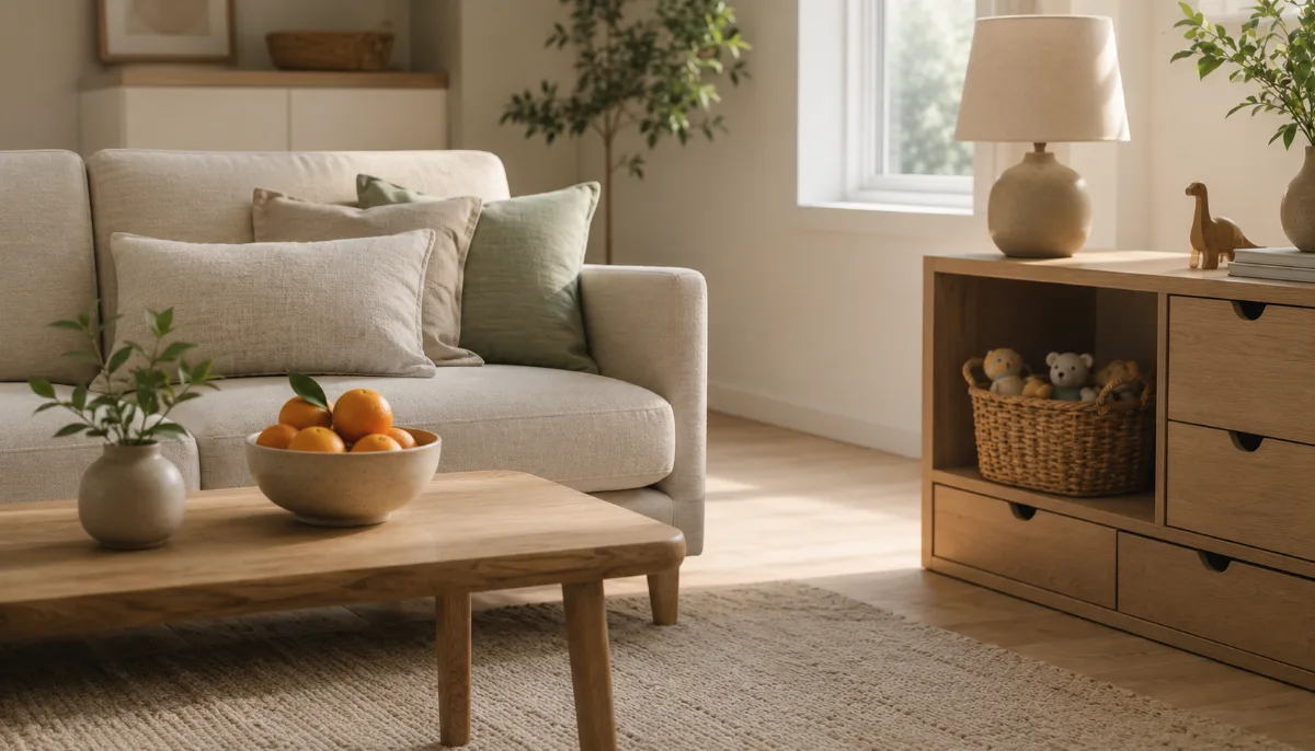 Family living room with a basket of toys neatly tucked away