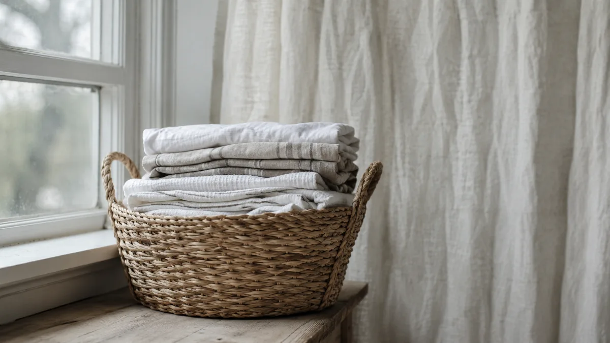 Folded laundry stacked in a woven basket by a window