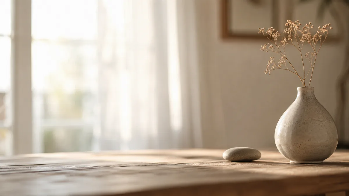 Empty wooden table with a single vase in soft light