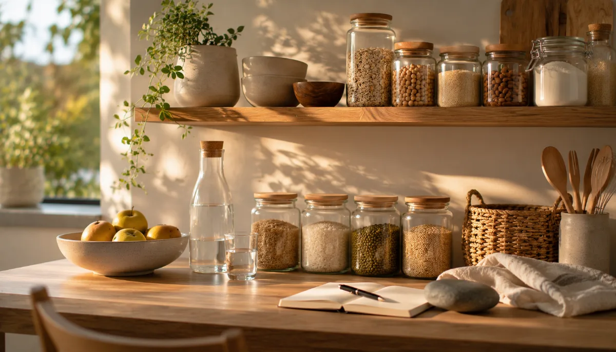 Glass jars of pantry staples on an open shelf