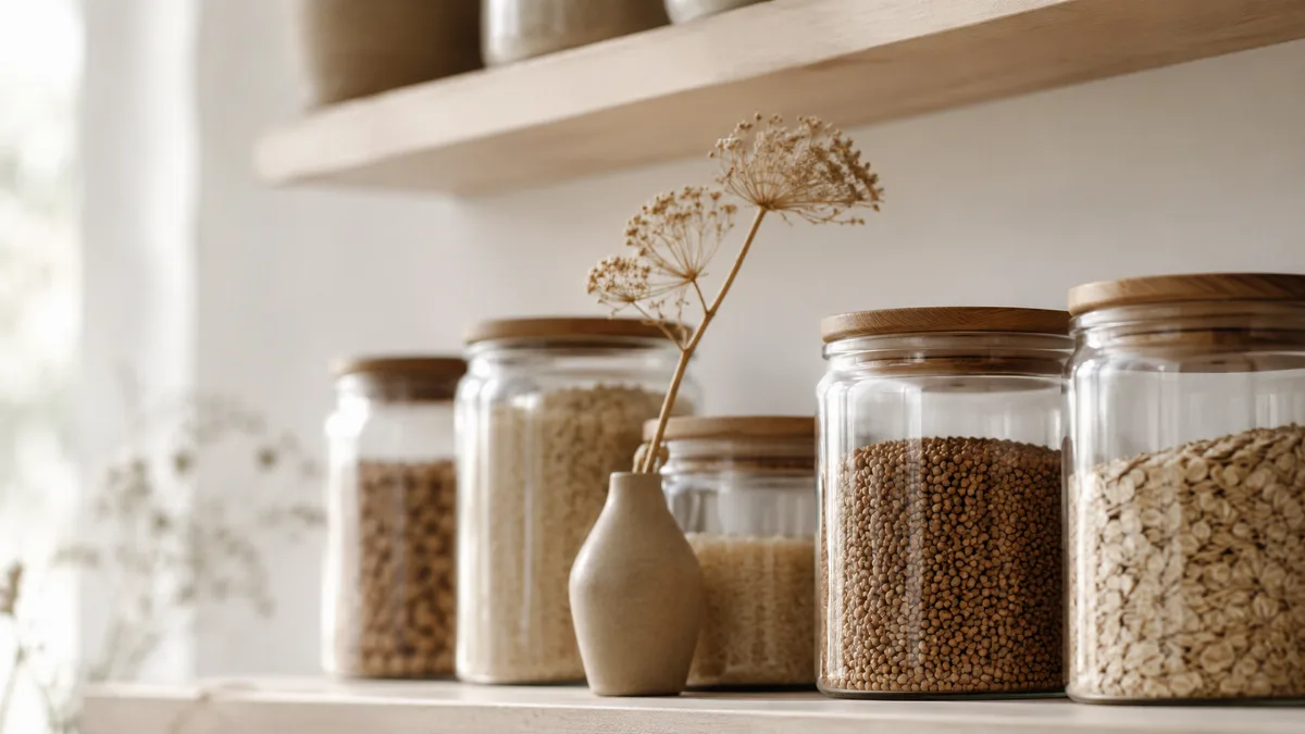 Minimalist pantry shelf with glass jars of staples