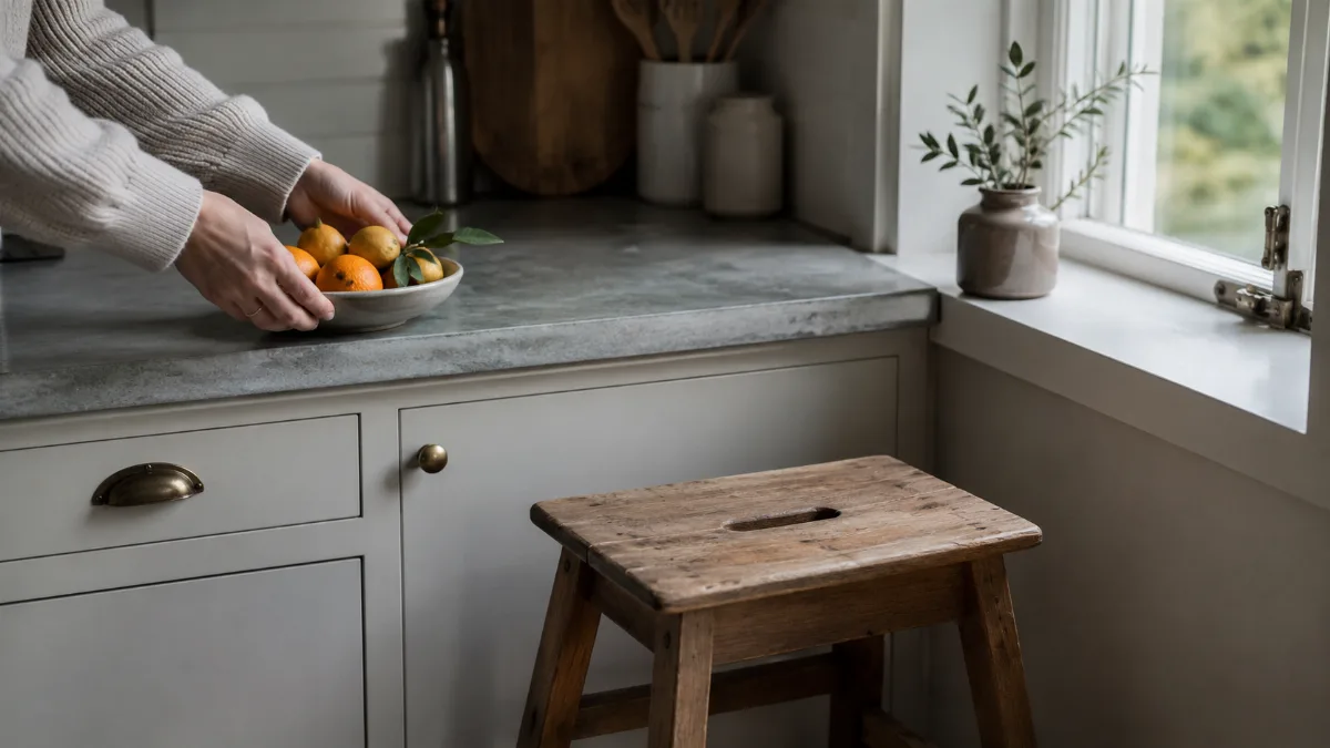 Calm family kitchen corner with a small step stool