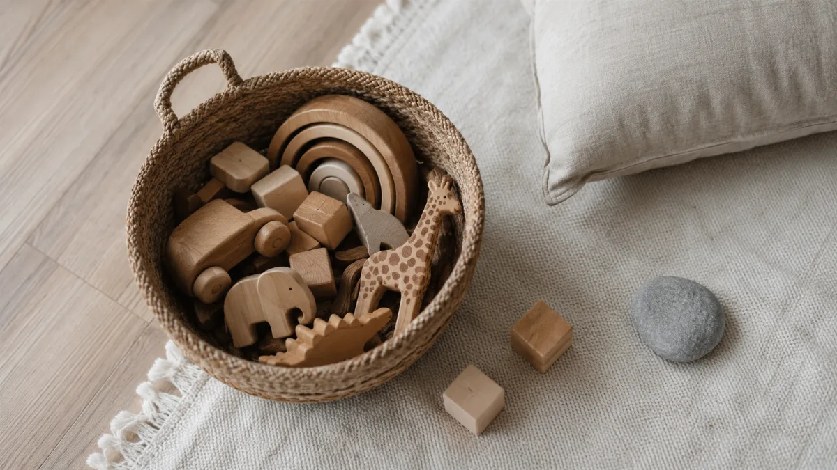Tidy family room with a basket of wooden toys