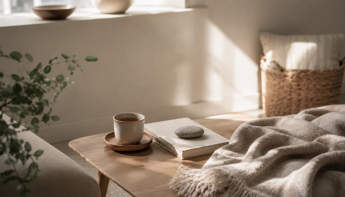 Calm evening corner with tea and a folded blanket