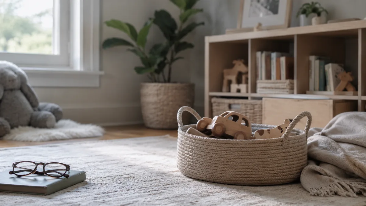 Tidy children's play corner with a few wooden toys in a soft basket