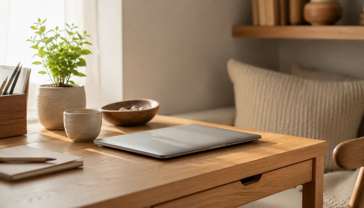 Tidy home-office corner with a laptop closed and a small plant