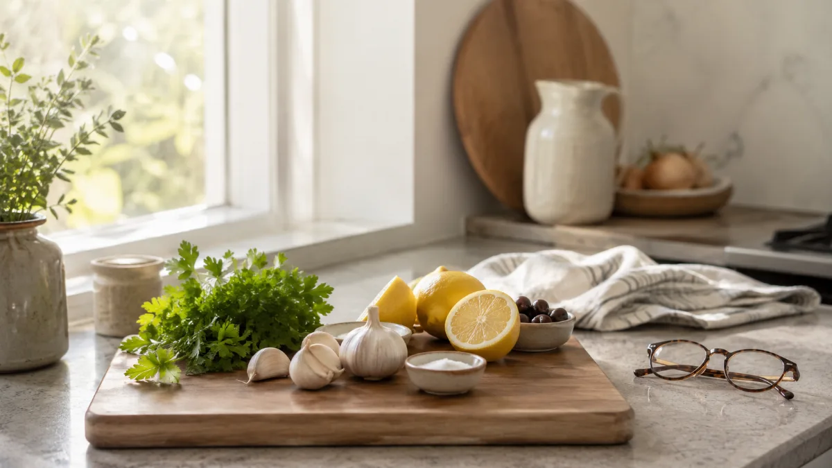 Calm kitchen counter with fresh simple ingredients on a wooden board