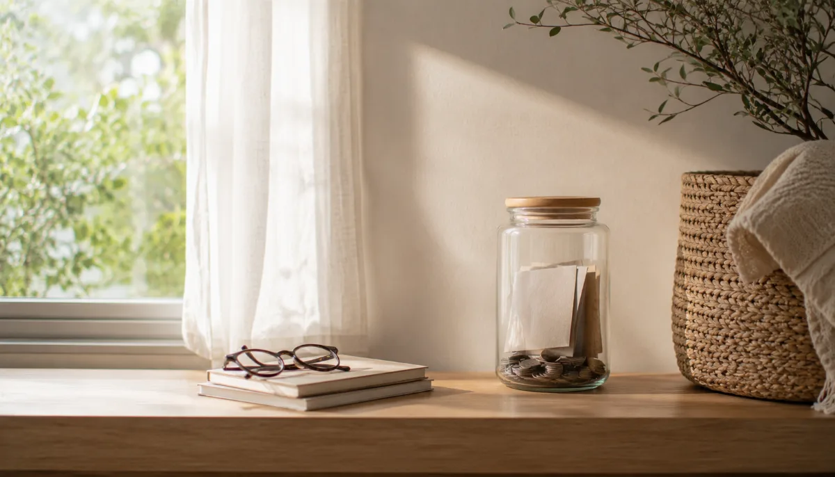 Glass jar holding folded notes and coins on a wooden surface