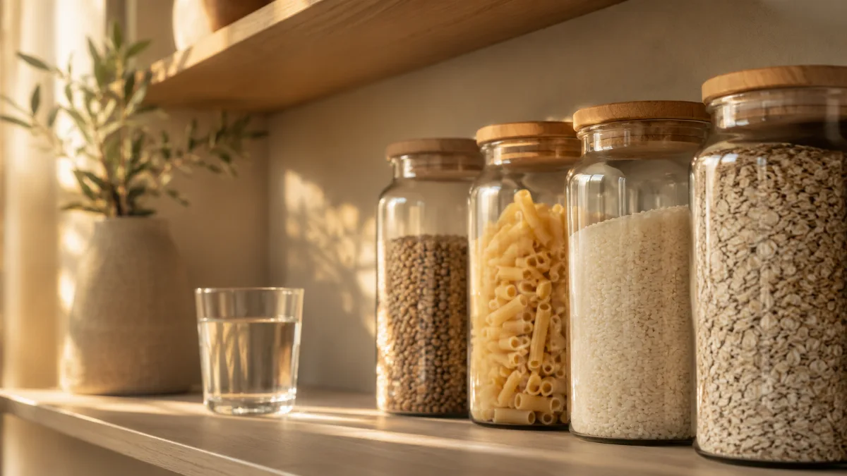 Minimalist pantry shelf with glass jars of staples