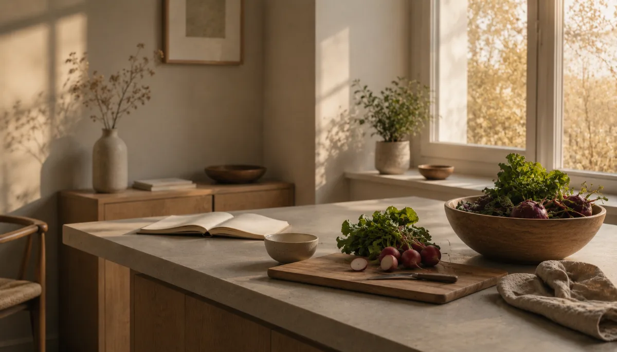 Wooden bowl of vegetables beside a chopping board