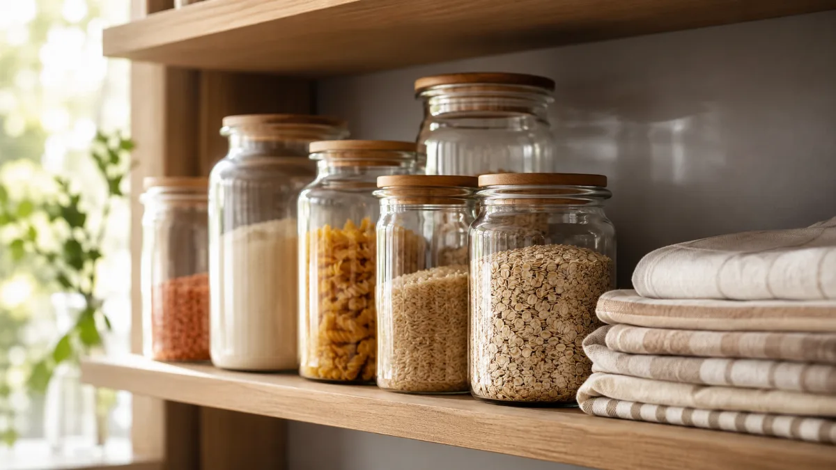 Glass jars of pantry staples on an open shelf