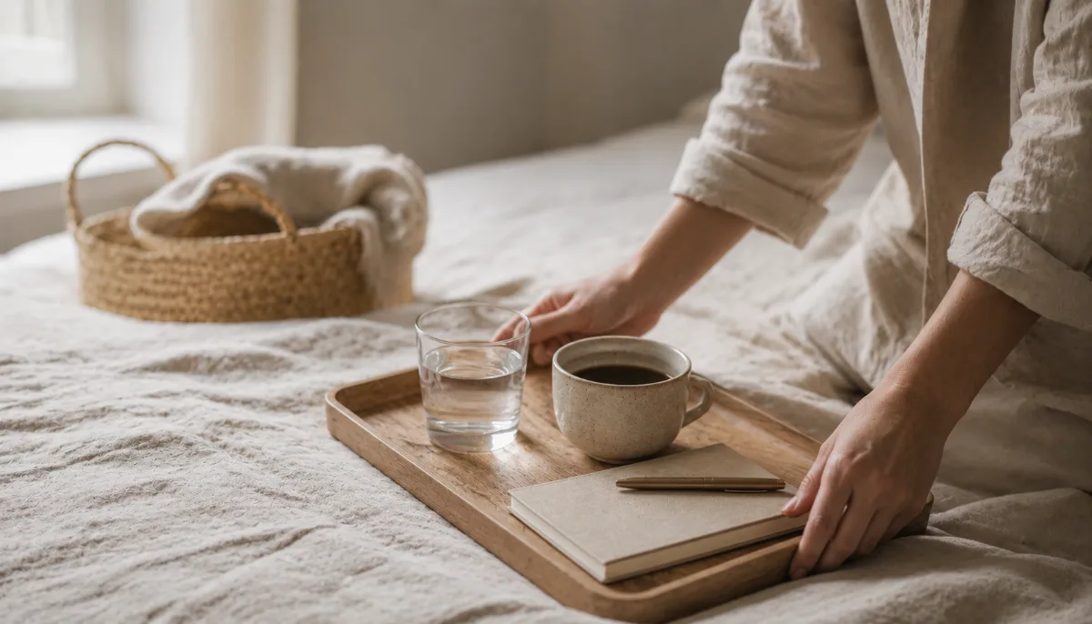 Simple morning tray with coffee, water and a small journal