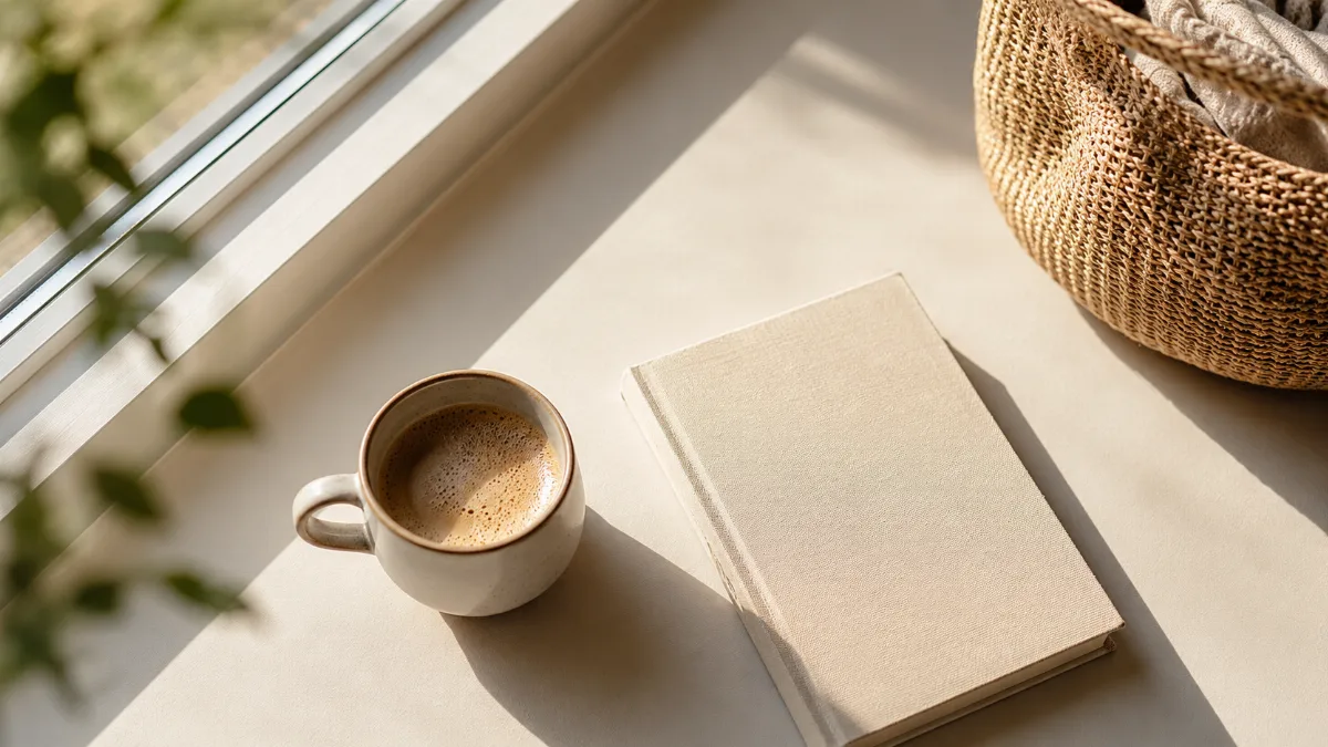 Bright morning scene with coffee and a notebook by a window