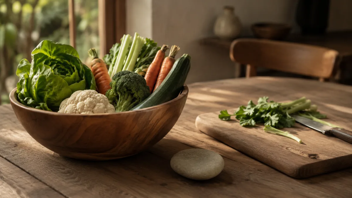 Wooden bowl of vegetables beside a chopping board