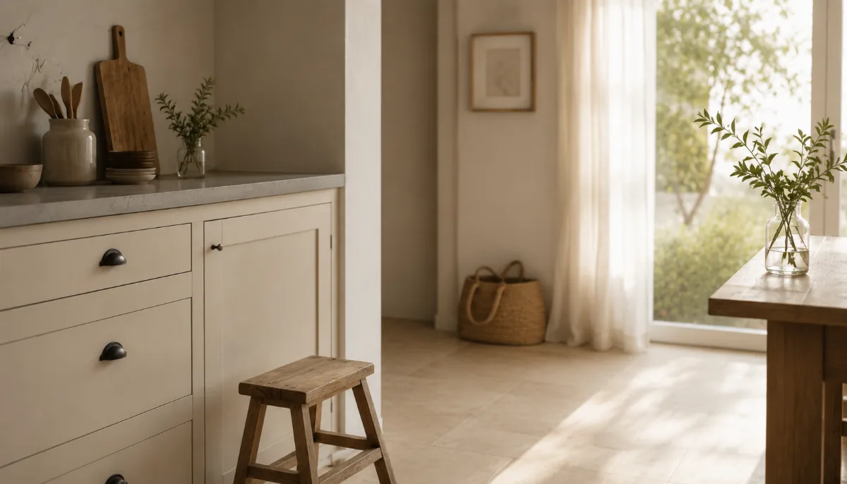 Calm family kitchen corner with a small step stool