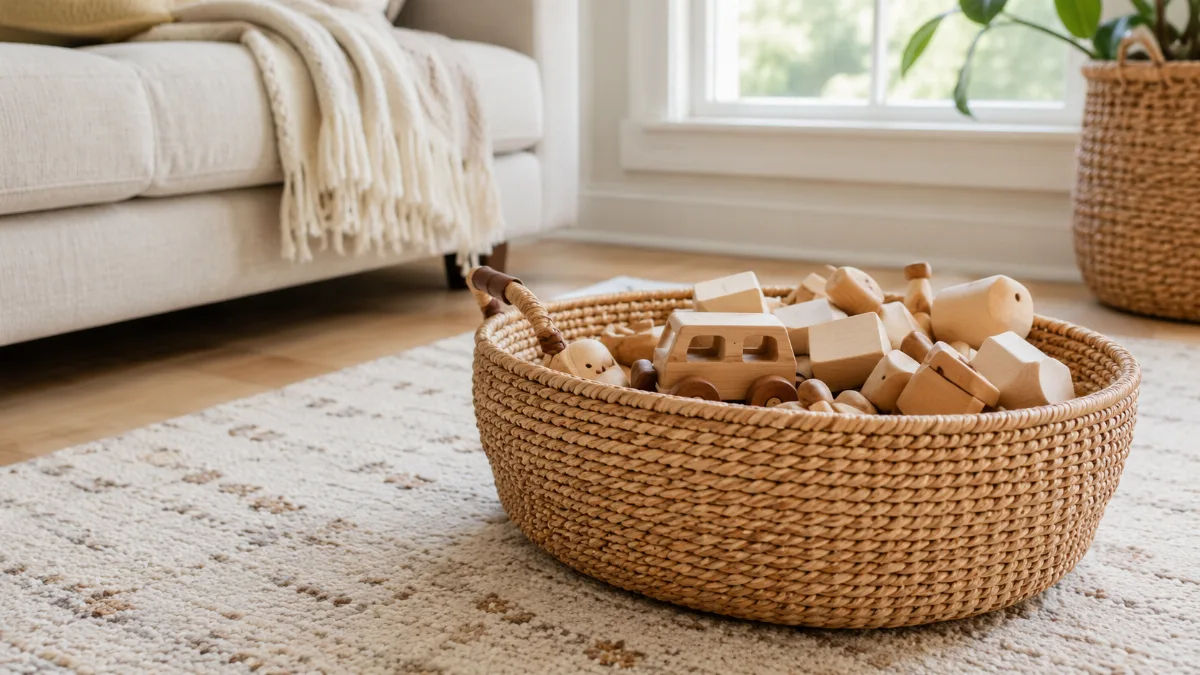 Tidy family room with a basket of wooden toys
