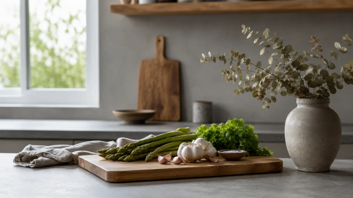 Calm kitchen counter with fresh simple ingredients on a wooden board
