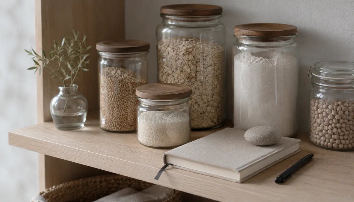 Minimalist pantry shelf with glass jars of staples