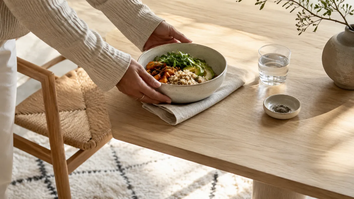 Minimalist table set with a single wholesome bowl