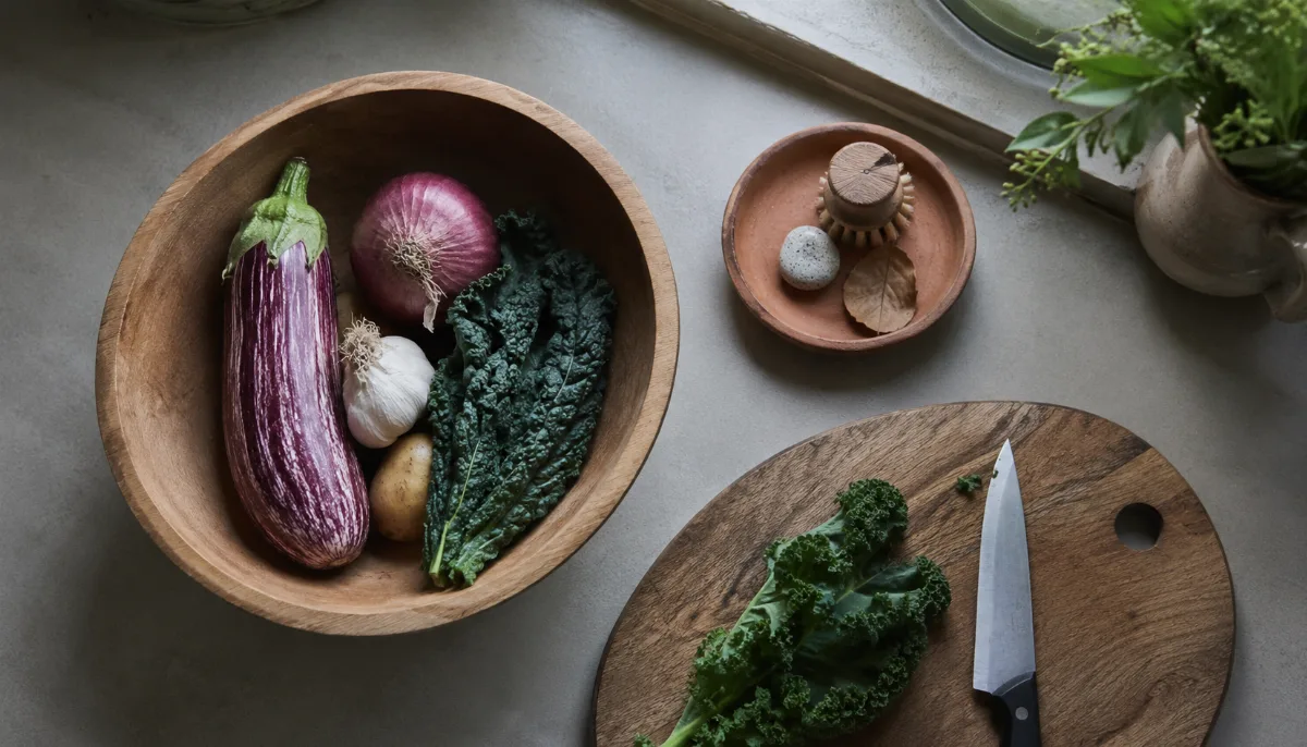 Wooden bowl of vegetables beside a chopping board