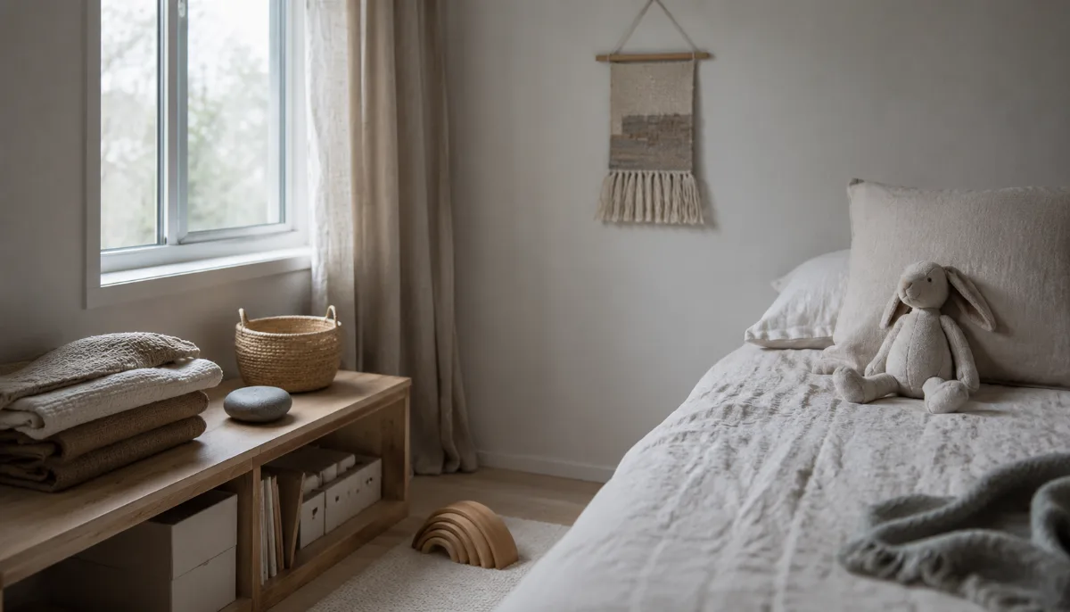 Simple child's room with folded blankets and a soft toy