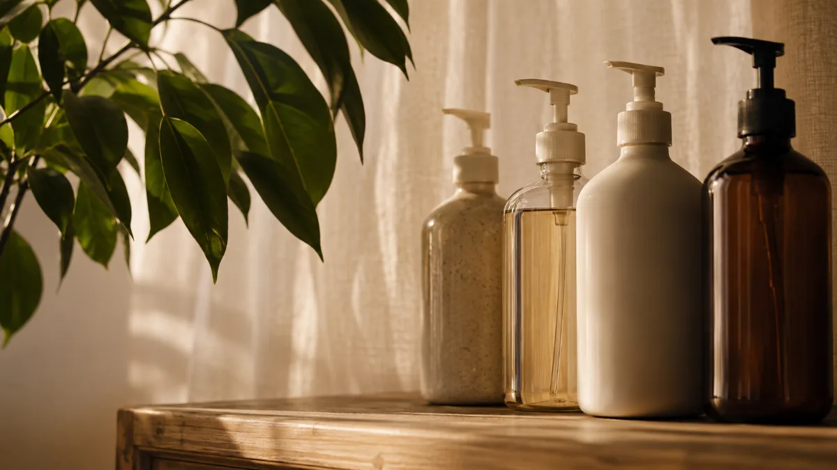 Row of refillable containers beside a leafy green plant