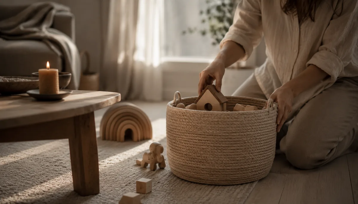 Family living room with a basket of toys neatly tucked away