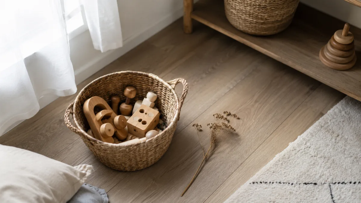 Tidy family room with a basket of wooden toys