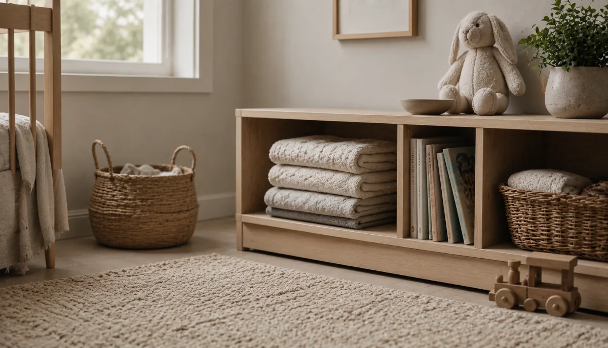 Simple nursery shelf with folded blankets and a small toy